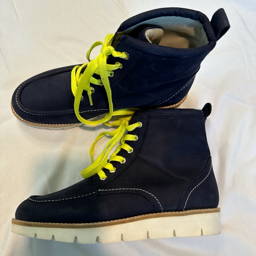 Boden Navy Lace-Up Boots with Neon Yellow Laces